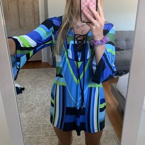 Blue and green lace up pattern dress